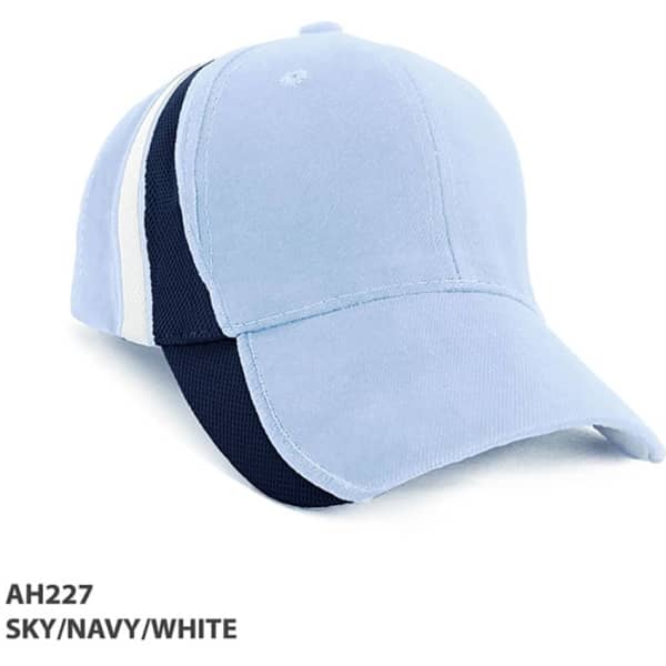 A sky, navy, and white cap with mesh contrast sides and a logo.