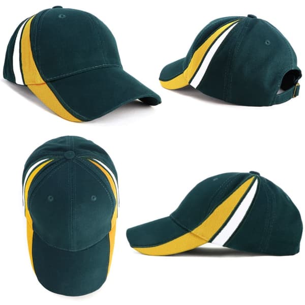 A green cap with contrast yellow and white stripes, featuring mesh side panels and a logo.