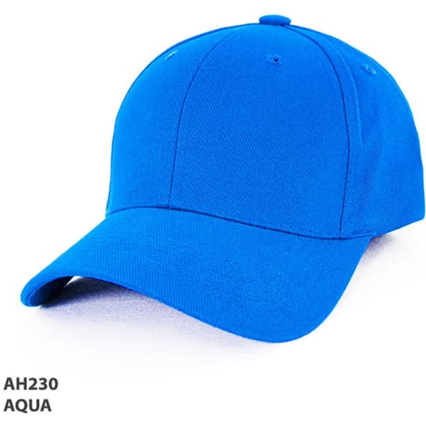 A bright aqua blue cap with a logo, featuring a curved peak and flat crown.