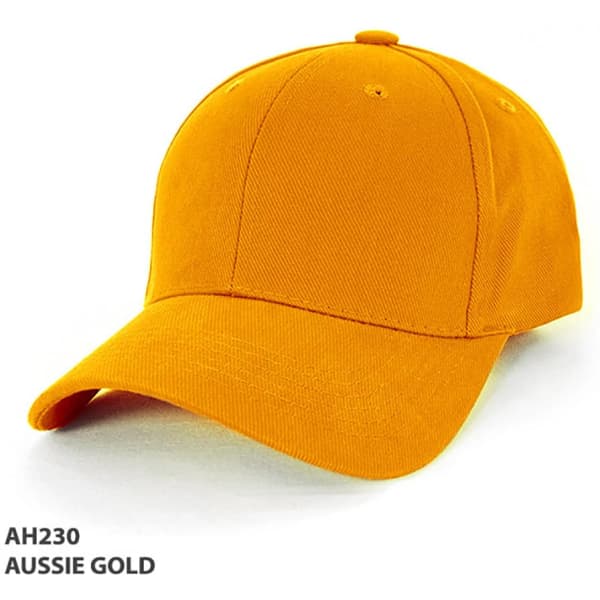 A bright Aussie Gold heavy brushed cotton cap with a curved brim and a logo on the front.
