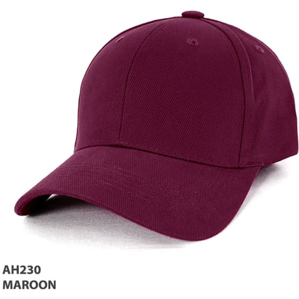 A maroon heavy brushed cotton cap with a curved peak and an adjustable strap. It features a branding logo.