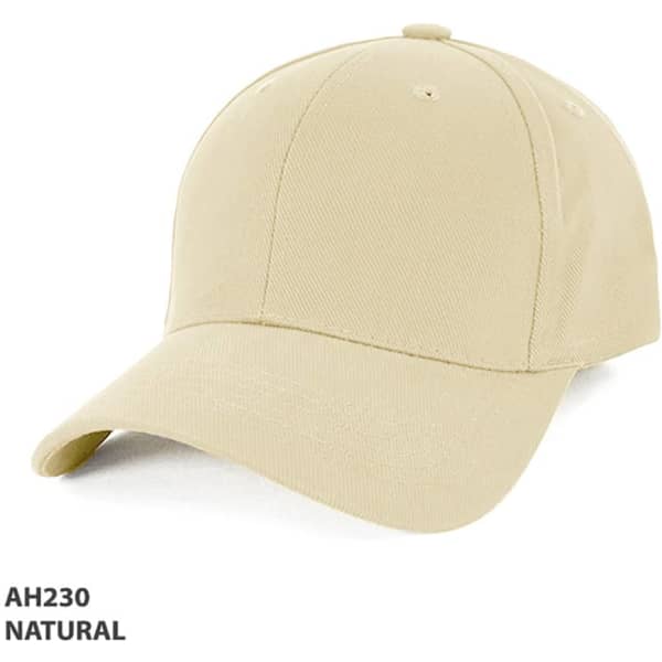 A heavy brushed cotton cap in natural colour with a rounded peak and branded logo.
