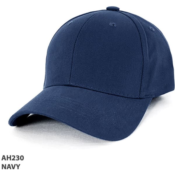 A navy heavy brushed cotton cap with a curved peak and a structured design. It features a logo on the side.