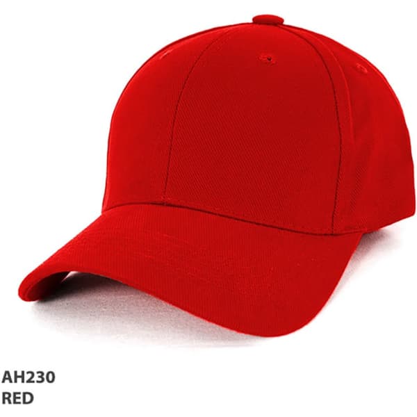 A red heavy brushed cotton cap with a curved brim and a logo on the front.