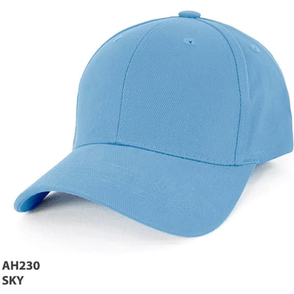 A sky blue heavy brushed cotton cap with a curved brim and an adjustable back. It features a logo.