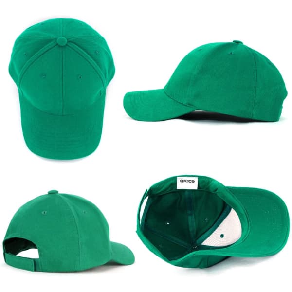 A green heavy brushed cotton cap featuring a curved brim and adjustable strap at the back. It includes a logo inside.