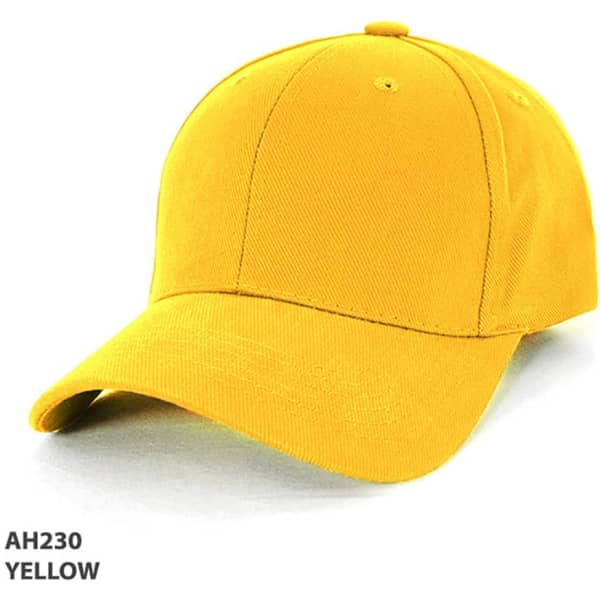 A yellow heavy brushed cotton cap with a curved brim and a logo on the front.