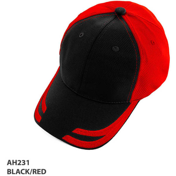 A black and red mesh knit cap featuring a logo and a structured brim.