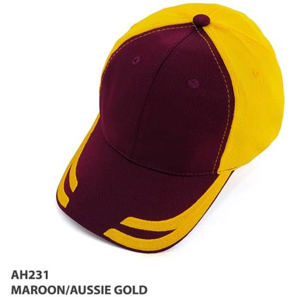 A maroon and Aussie gold cap with mesh knit fabric and a logo on the front.