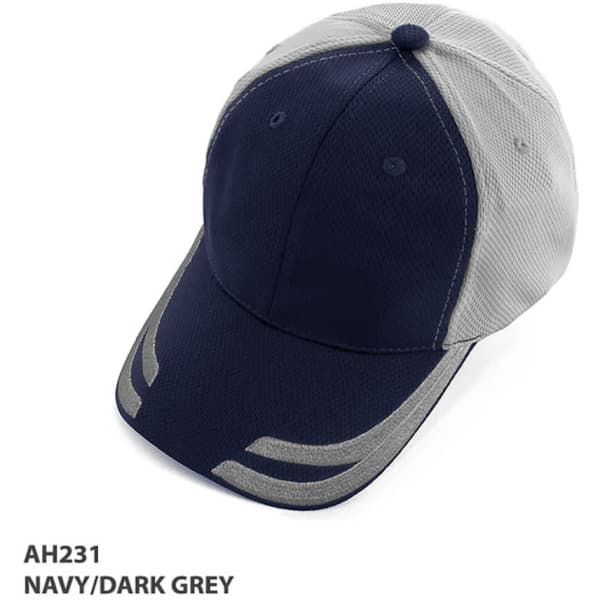 A navy and dark grey cap with a mesh design and a logo on the front.