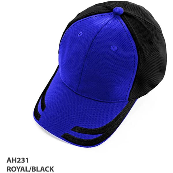 A royal blue and black cap with a mesh knit design and a logo.