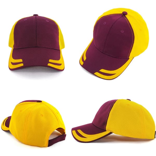 A maroon and yellow mesh knit cap with a structured design and a branded logo.