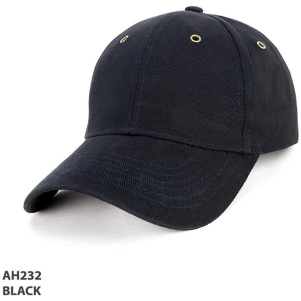 A black cap featuring a brass buckle and eyelets, with a curved visor and a logo present.