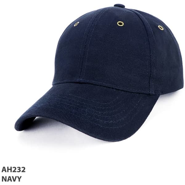 A navy cap featuring a brass buckle and ventilation holes, with a logo on the front.