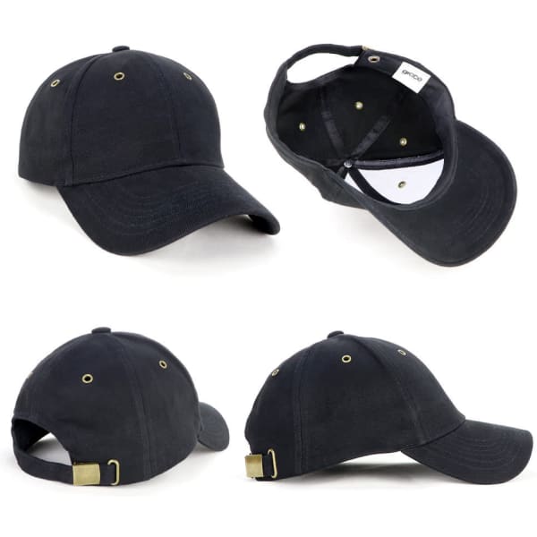A black cap with a brass buckle and ventilation holes, featuring a logo on the inner side.