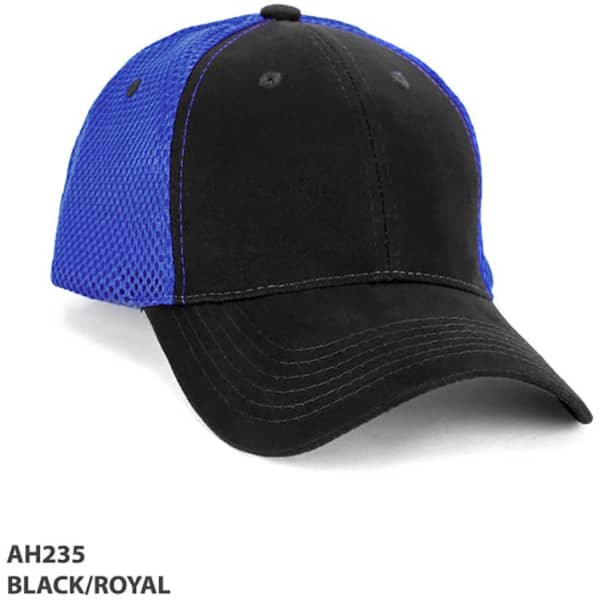 A black and royal blue cap featuring a mesh design and a front panel, with a logo on the side.