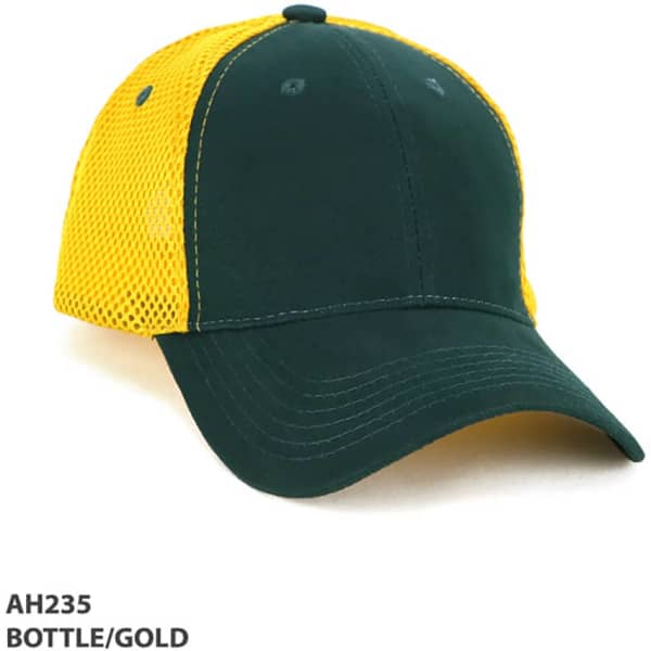 A cap featuring a green front and yellow mesh back, with a curved visor and a logo.