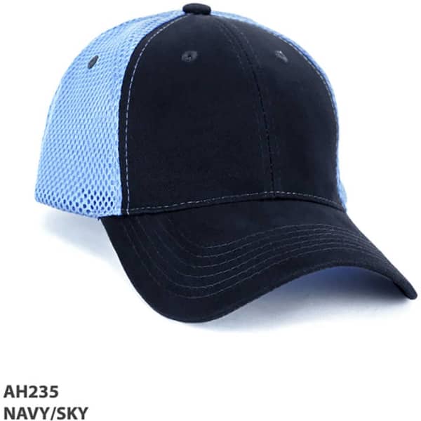 A navy and sky blue cap with a mesh design and a logo. The cap features a curved brim and adjustable strap.