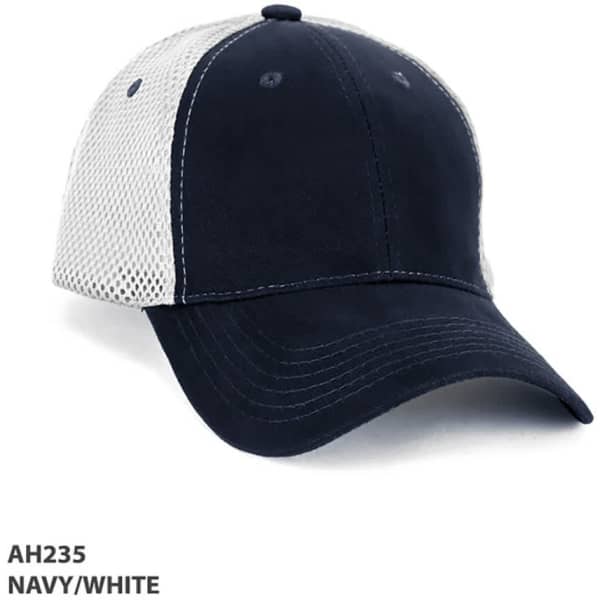A navy and white mesh cap featuring a structured design and a logo on the front.
