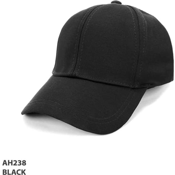 A black cap with a structured design and a curved brim, featuring a logo on the front.