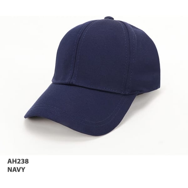 A navy cap with a curved brim and an attached logo, designed as a casual headwear option.