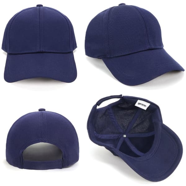 A navy blue cotton cap featuring a structured design and adjustable back, with a logo on the interior.