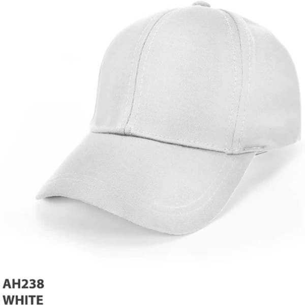 A white cotton cap with a curved brim and an adjustable strap, featuring a logo on the side.