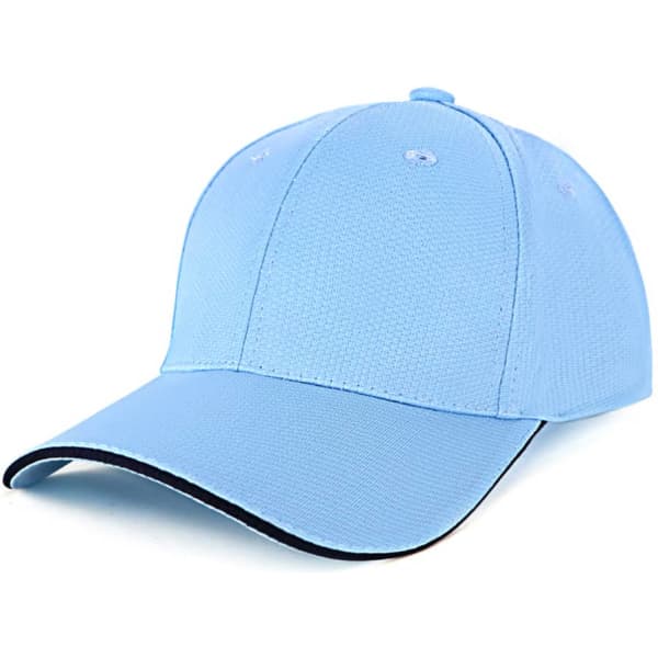 A structured cap in light blue with a curved peak and a contrasting trim, featuring a logo on the front.