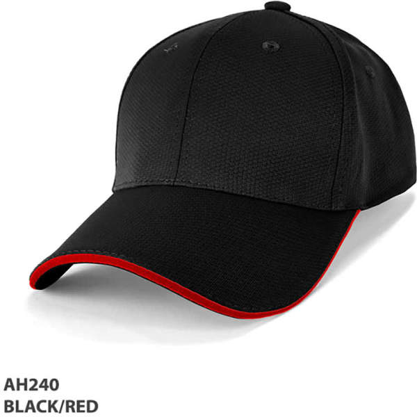 A structured cap in black with red accents, featuring a curved brim and a logo on the front.
