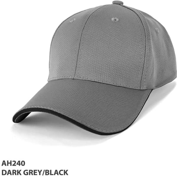 A structured cap in dark grey and black, featuring a logo on the front panel.