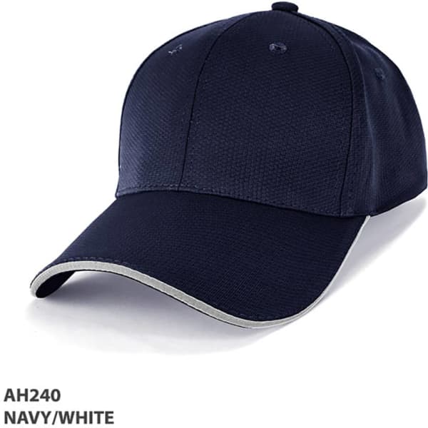 A navy and white structured cap with a logo, featuring a curved brim and breathable fabric.