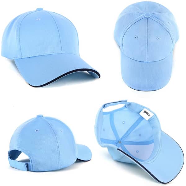 A structured cap in light blue with a contrasting black peak and a logo on the back.