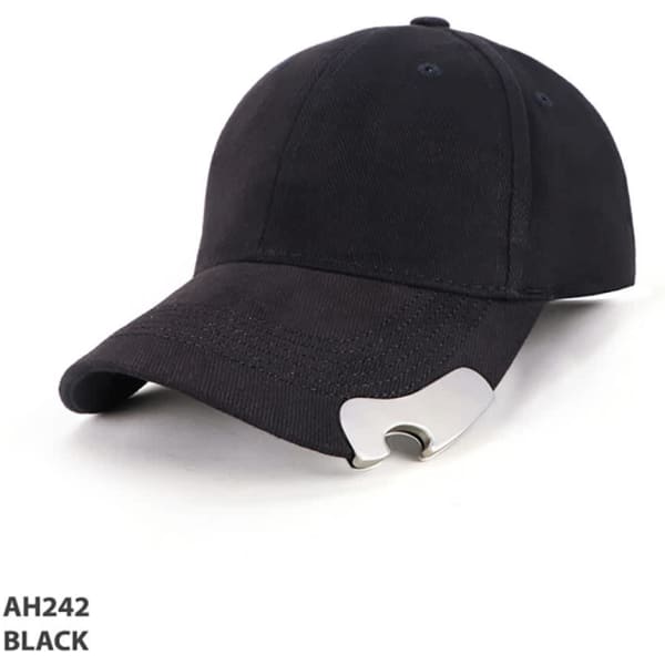 A black cap with a silver accent, featuring a logo. Designed for headwear and promotional events.