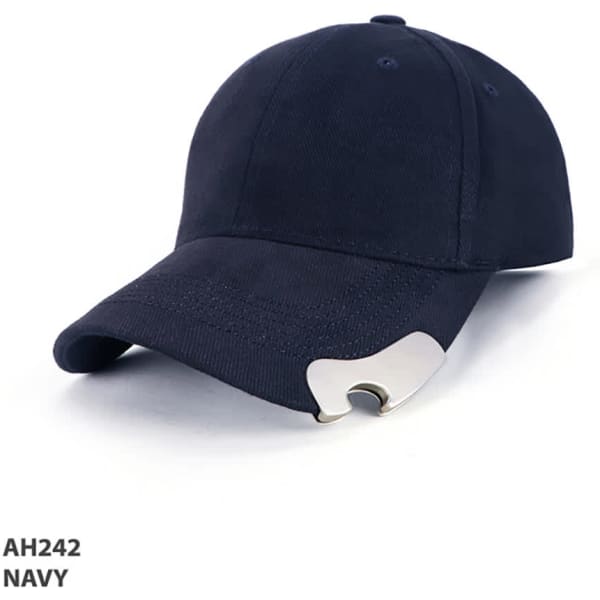A navy cap with a silver bottle opener attached, featuring a logo on the side.