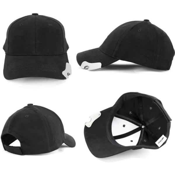 A black cap with a structured design featuring a logo and an adjustable strap at the back.
