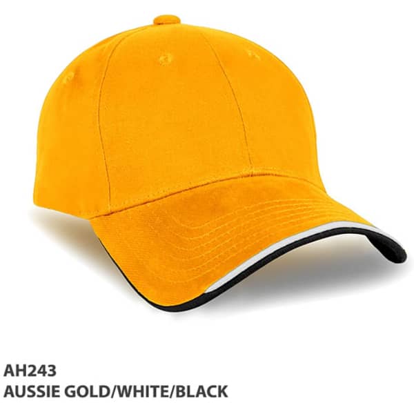 A vibrant Aussie gold cap with white and black accents, featuring a branded logo on the front.