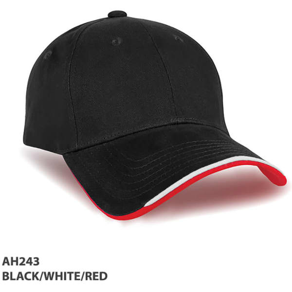 A black cap with a white and red curved peak, featuring a logo on the front.