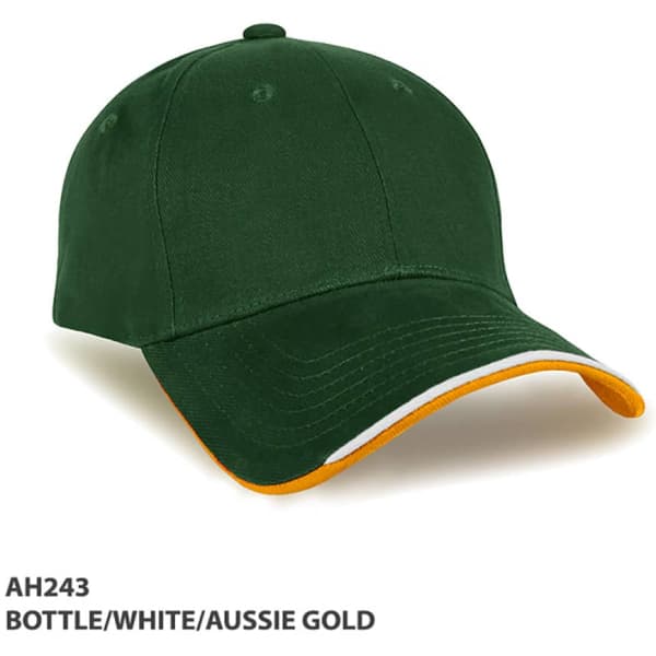 A green cap with a bottle and white body, featuring an aussie gold brim and a logo.