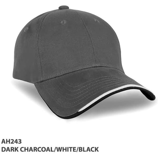 A dark charcoal cap with white accents, featuring a curved brim and a logo on the front.