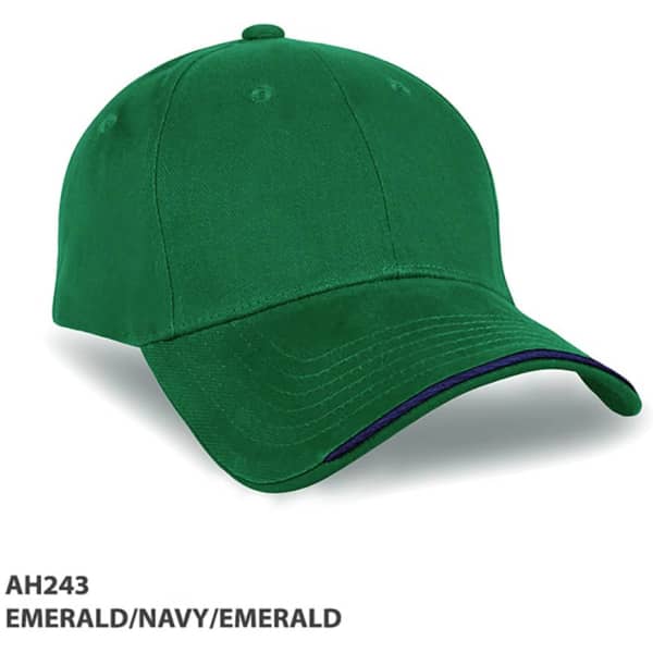 A green cap with navy and emerald accents, featuring a curved brim and a logo.