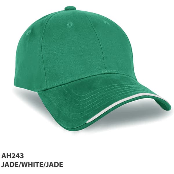 A green cap with white accents and a logo, featuring a curved brim and structured design.