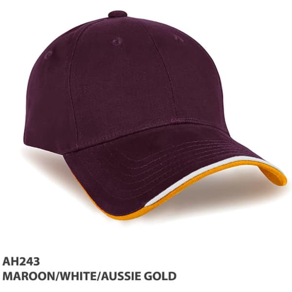 A maroon cap with a white and Aussie gold brim, featuring a logo on the front.