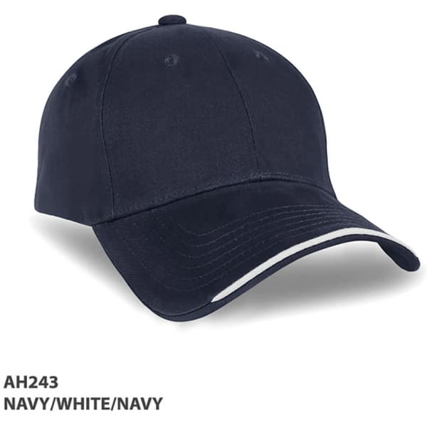 A navy cap with a white trim and a logo on the front.