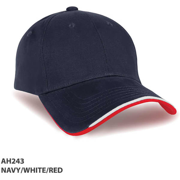 A navy, white, and red cap with a curved brim and a logo on the front.