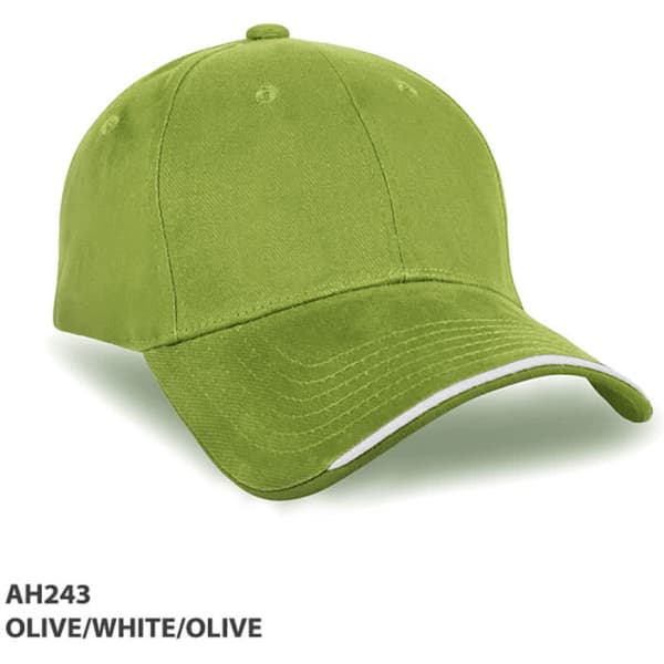 An olive green cap with a white accent, featuring a logo on the front.