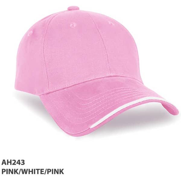 A pink cap featuring a white accent, with a curved brim and a branded logo.