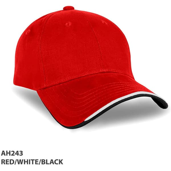A red cap with a black and white trim, featuring a logo on the front.