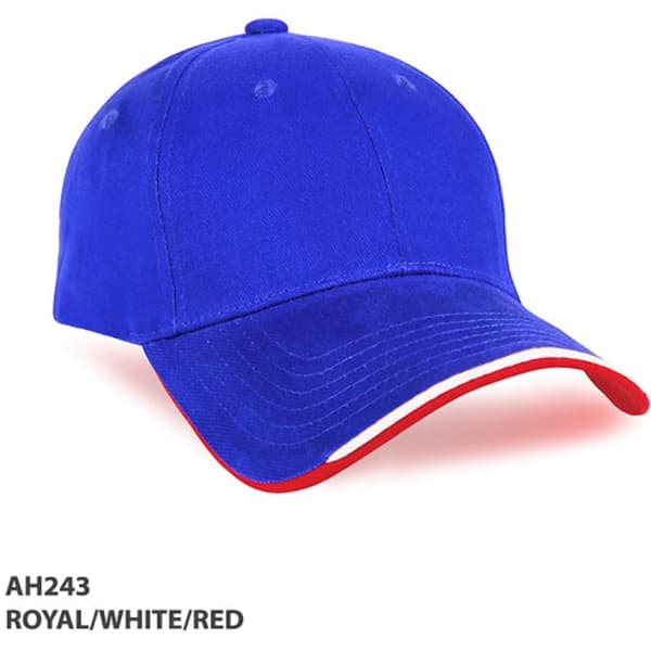 A blue, red, and white cap with a rounded peak and a logo on the front.