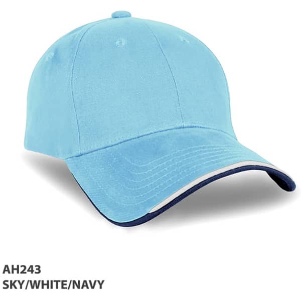 A light blue cap with a navy trim and a logo, featuring a classic curved brim design.