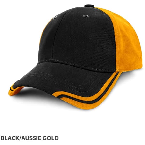 A cap featuring black and Aussie gold panels, with a curved brim and stitching detail. It has a logo on the front.